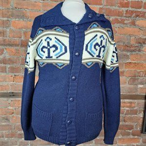 Sigallo Vintage Mens Cardigan Blue Ivory Tan Button Up Acrylic Size L
